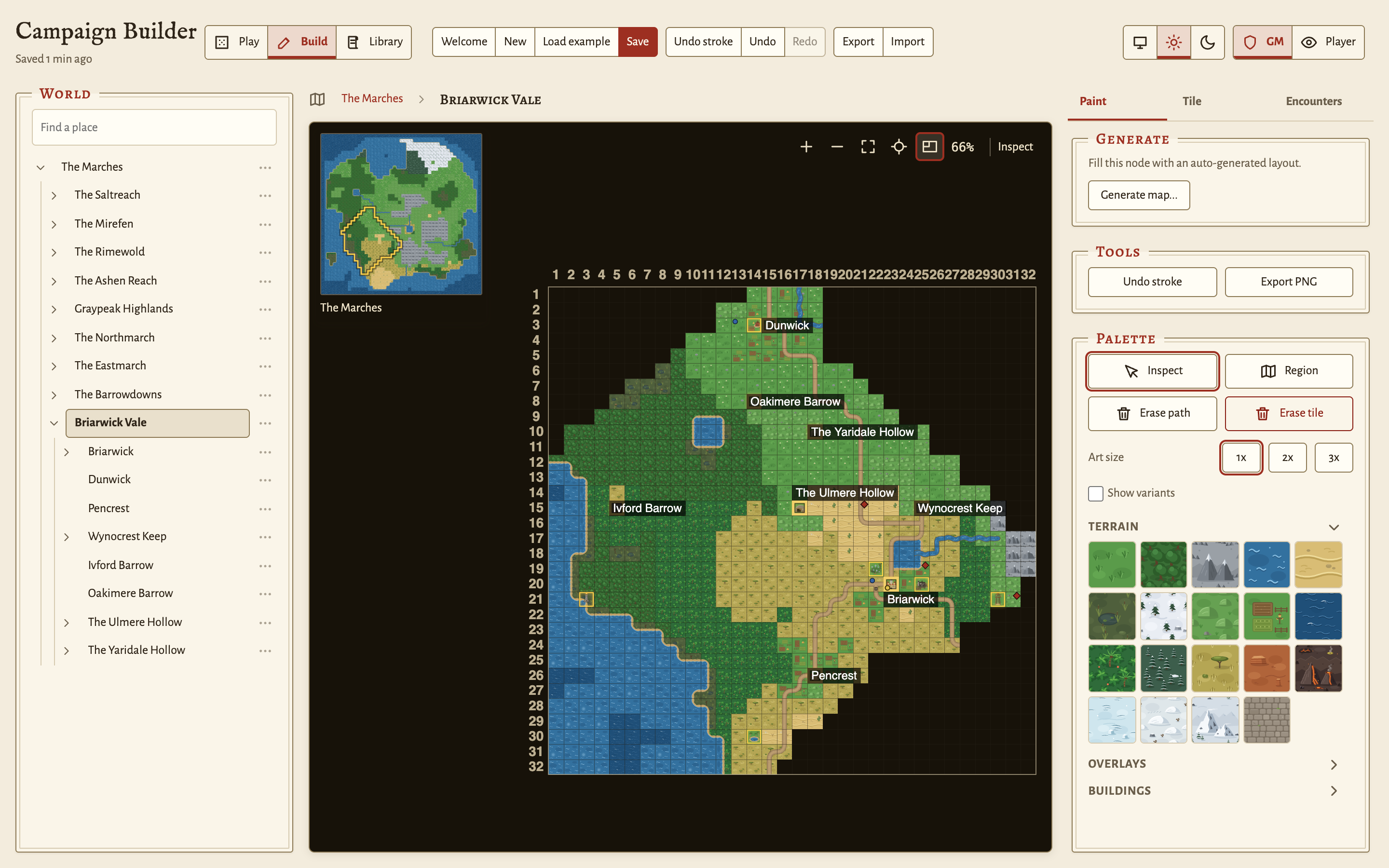 Build mode: world tree, editable map, and the paint palette