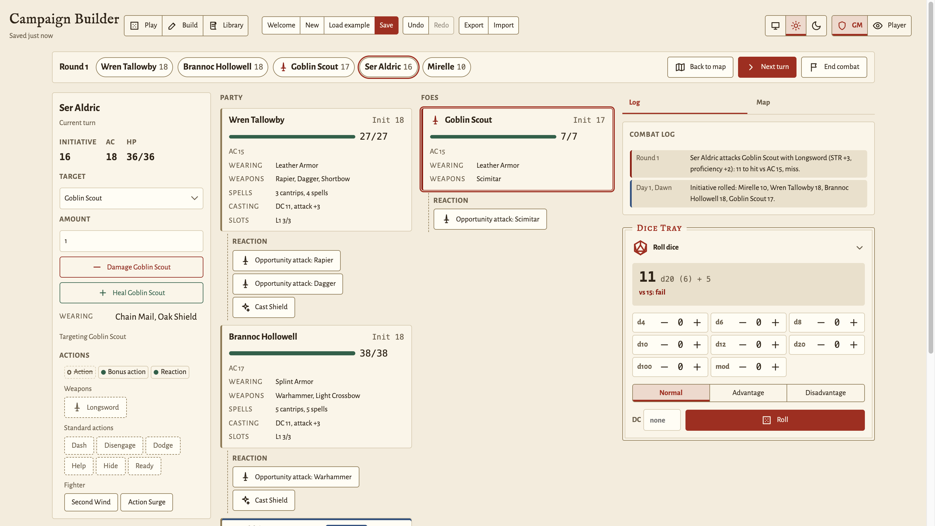 Combat: the full-width fight screen with the turn ribbon, the board, the combat log, and the dice tray