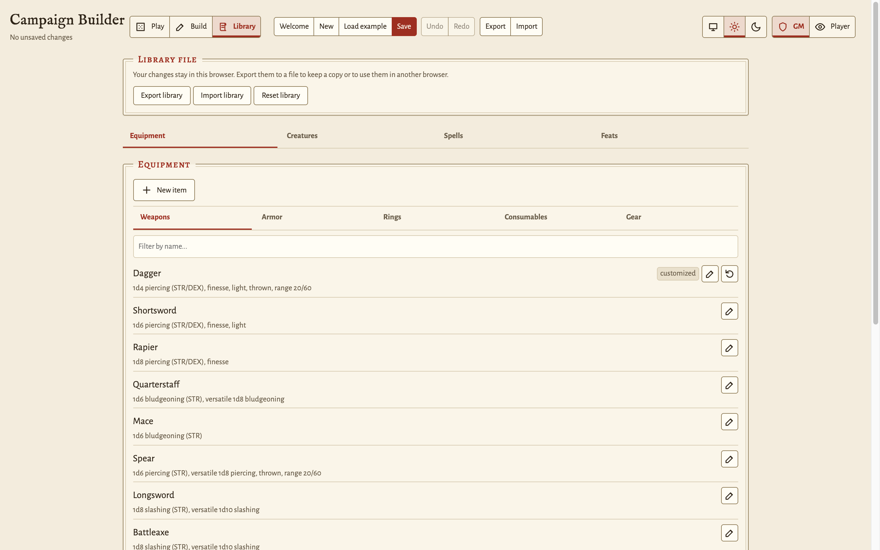 Library mode: the Equipment tab with its category subtabs and a customized override