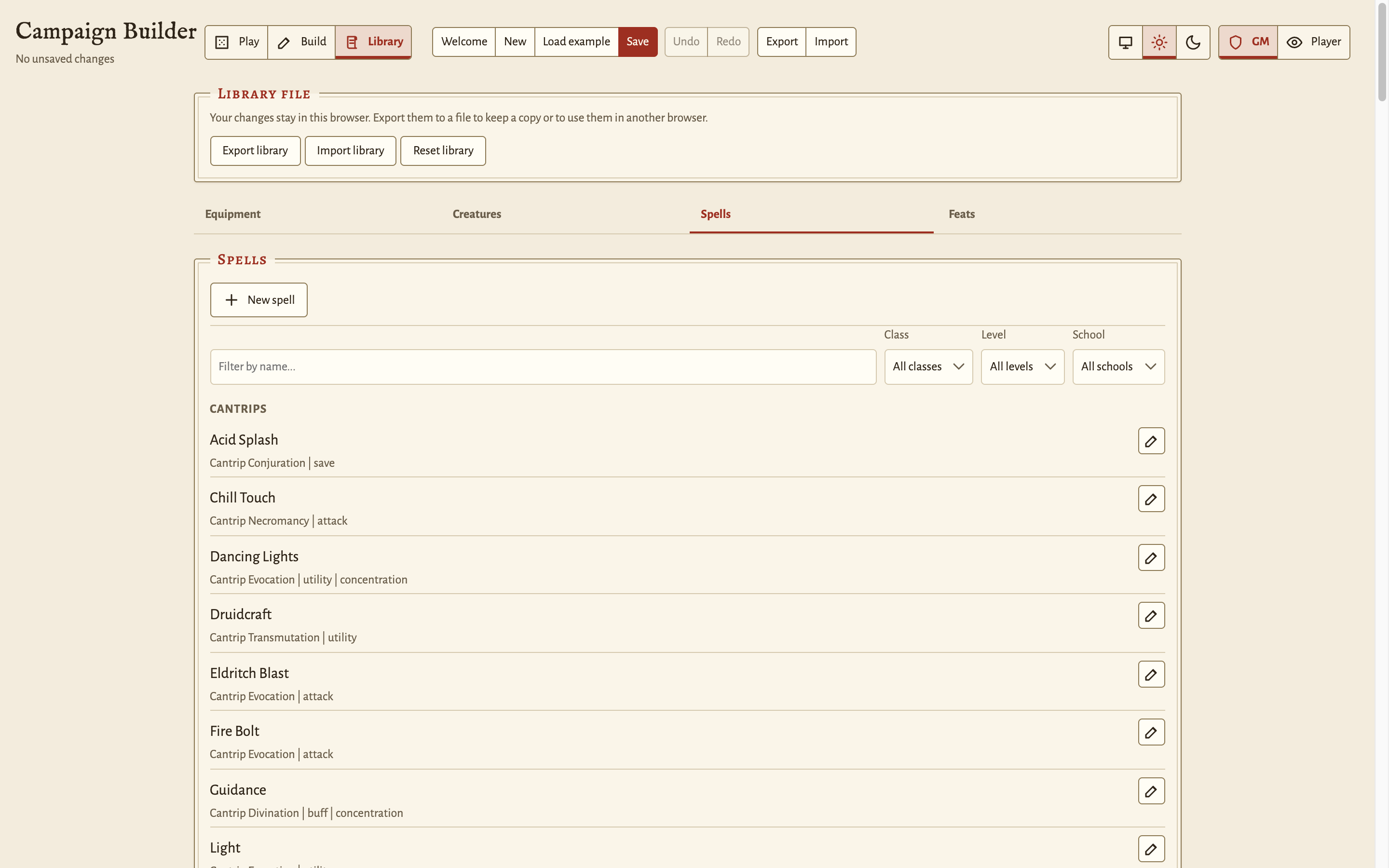 Library mode: the Spells tab, with filters for class, level, and school, and the spells grouped by level with the school and effect kind on each row