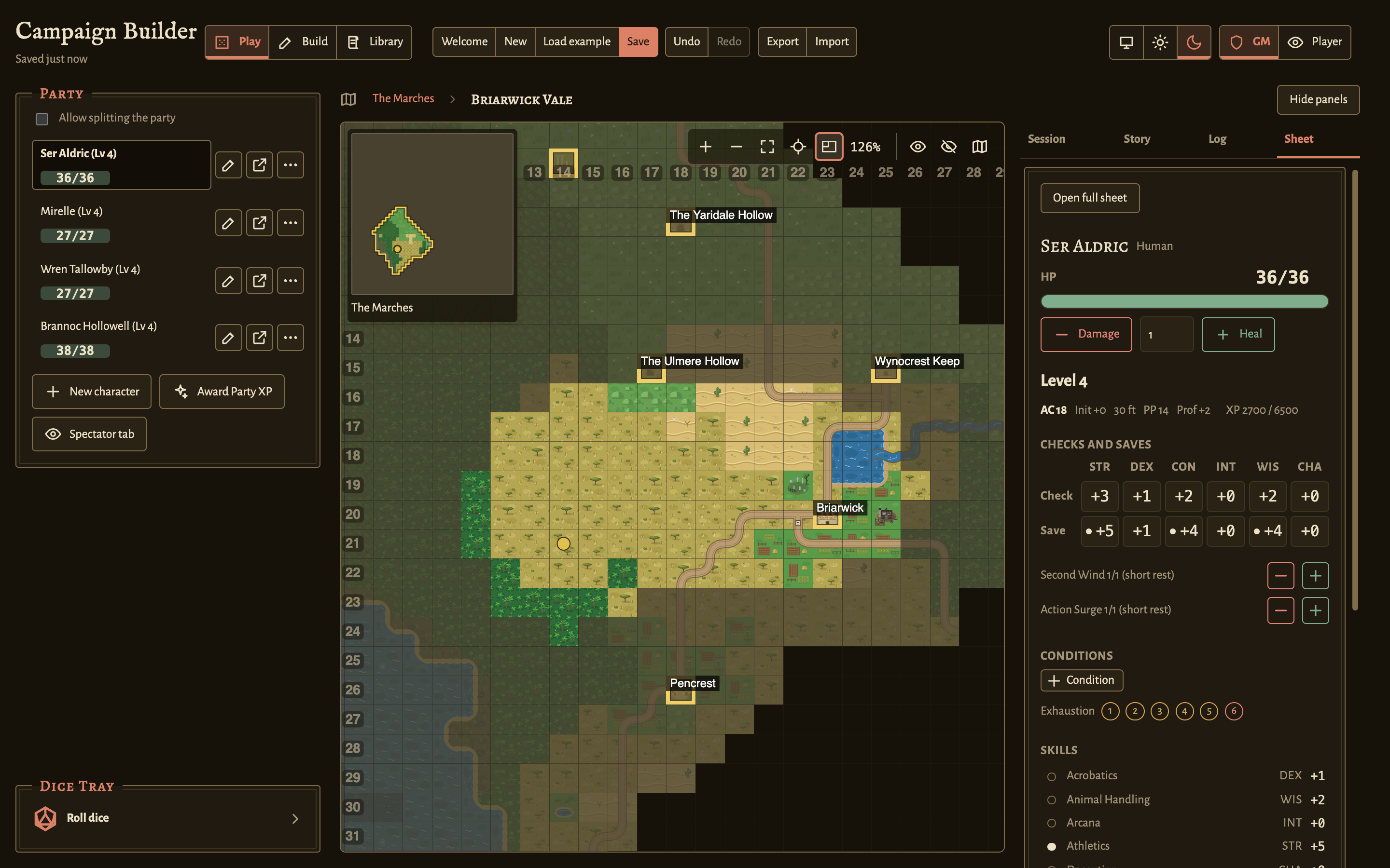 Play mode in the dark theme, with the character sheet of Ser Aldric in the Sheet tab