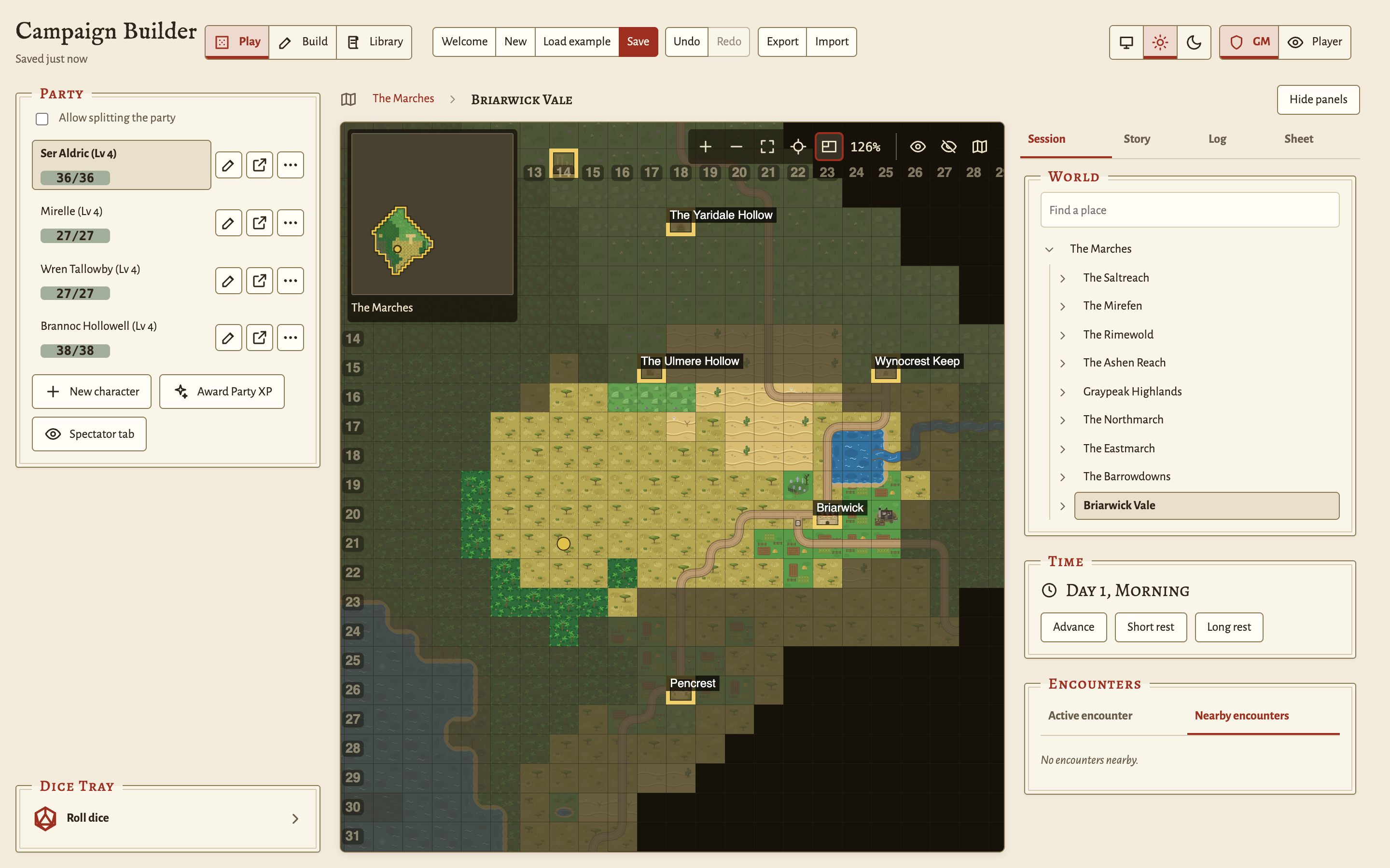 Play mode: the party and the dice tray on the left, the fog-revealed map, and the Session tab on the right